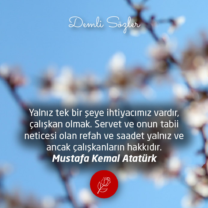 Yalnız tek bir şeye ihtiyacımız vardır, çalışkan olmak. Servet ve onun tabii neticesi olan refah ve saadet yalnız ve ancak çalışkanların hakkıdır. - Mustafa Kemal Atatürk