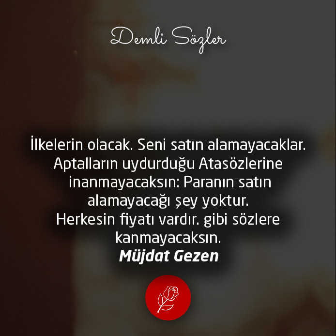 İlkelerin olacak. Seni satın alamayacaklar. Aptalların uydurduğu Atasözlerine inanmayacaksın: Paranın satın alamayacağı şey yoktur. Herkesin fiyatı vardır. gibi sözlere kanmayacaksın.