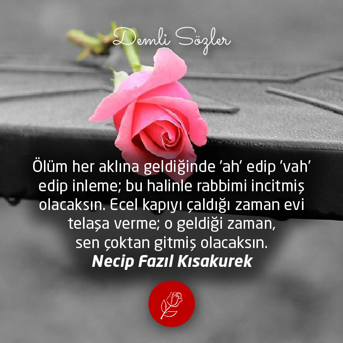 Ölüm her aklına geldiğinde 'ah' edip 'vah' edip inleme; bu halinle rabbimi incitmiş olacaksın. Ecel kapıyı çaldığı zaman evi telaşa verme; o geldiği zaman, sen çoktan gitmiş olacaksın.
