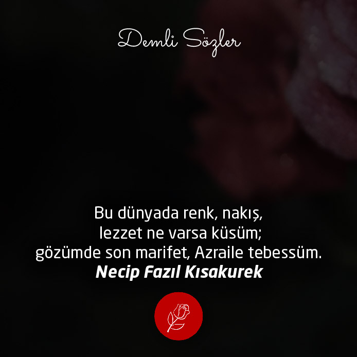 Bu dünyada renk,nakış,lezzet ne varsa küsüm; gözümde son marifet,Azraile tebessüm.