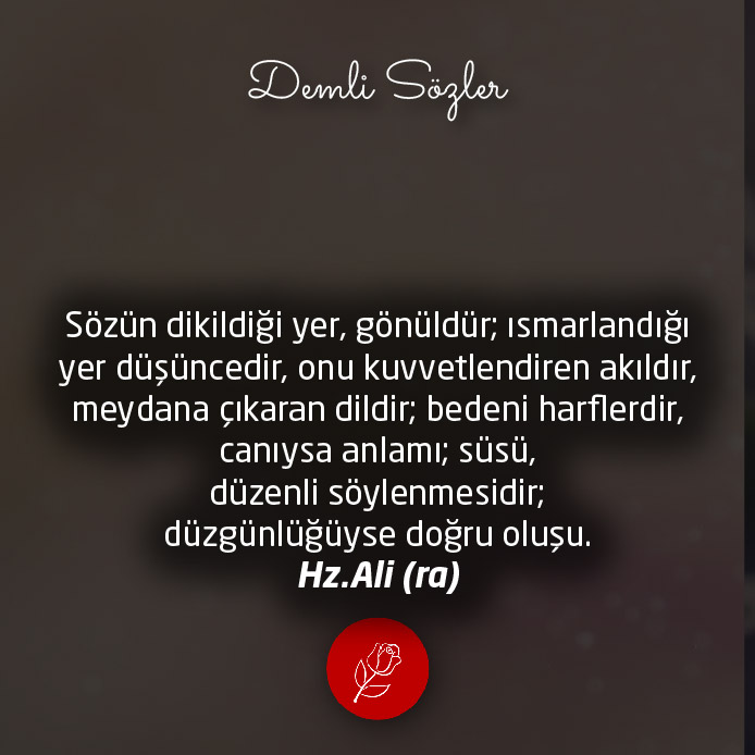 Sözün dikildiği yer, gönüldür; ısmarlandığı yer düşüncedir, onu kuvvetlendiren akıldır, meydana çıkaran dildir; bedeni harflerdir, canıysa anlamı; süsü, düzenli söylenmesidir; düzgünlüğüyse doğru oluşu.