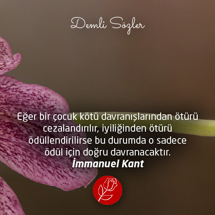 Eğer bir çocuk kötü davranışlarından ötürü cezalandırılır, iyiliğinden ötürü ödüllendirilirse bu durumda o sadece ödül için doğru davranacaktır.