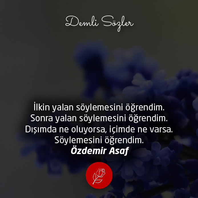 İlkin yalan söylemesini öğrendim. Sonra yalan söylemesini öğrendim. Dışımda ne oluyorsa, içimde ne varsa. Söylemesini öğrendim.