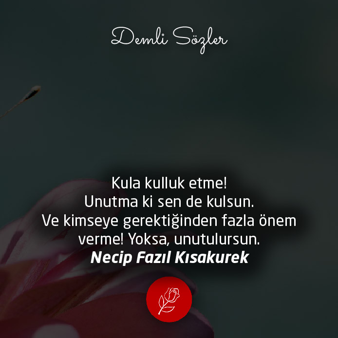Kula kulluk etme! Unutma ki sen de kulsun. Ve kimseye gerektiğinden fazla önem verme! Yoksa, unutulursun.