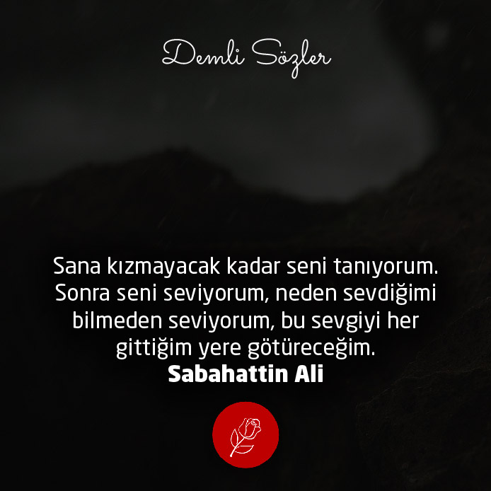 Sana kızmayacak kadar seni tanıyorum. Sonra seni seviyorum, neden sevdiğimi bilmeden seviyorum, bu sevgiyi her gittiğim yere götüreceğim.
