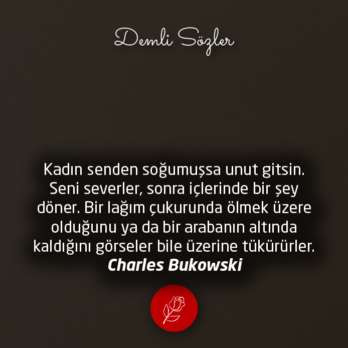 Kadın senden soğumuşsa unut gitsin. Seni severler, sonra içlerinde bir şey döner. Bir lağım çukurunda ölmek üzere olduğunu ya da bir arabanın altında kaldığını görseler bile üzerine tükürürler.