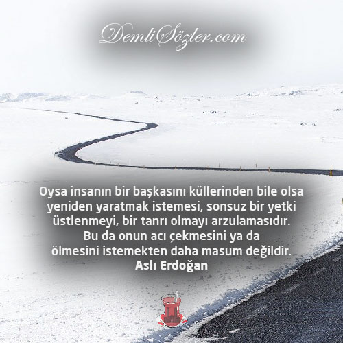 Oysa insanın bir başkasını küllerinden bile olsa yeniden yaratmak istemesi, sonsuz bir yetki üstlenmeyi, bir tanrı olmayı arzulamasıdır. Bu da onun acı çekmesini ya da ölmesini istemekten daha masum değildir.