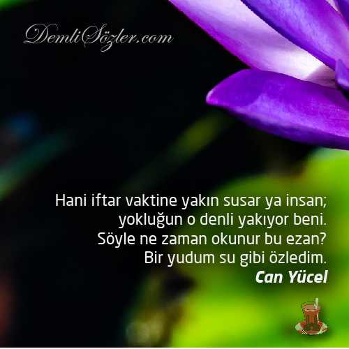 Hani iftar vaktine yakın susar ya insan; yokluğun o denli yakıyor beni. Söyle ne zaman okunur bu ezan? Bir yudum su gibi özledim.